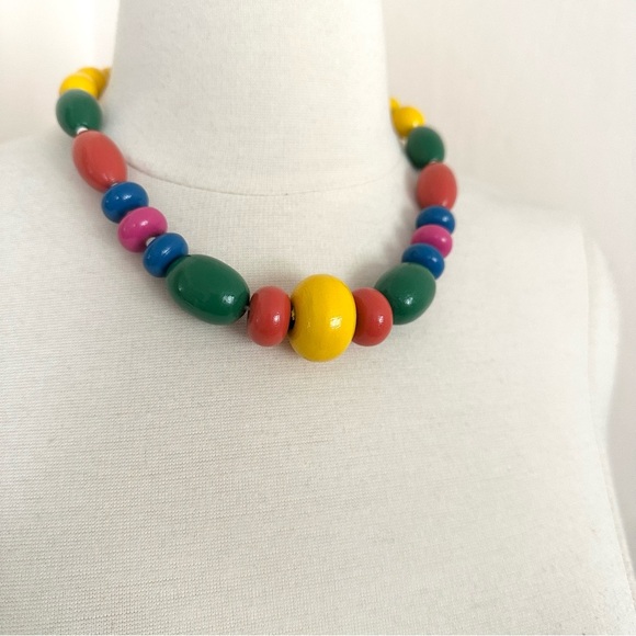 Vintage Necklace Colorful Rainbow Wood Bead Chunky Bright Funky - Picture 2 of 7